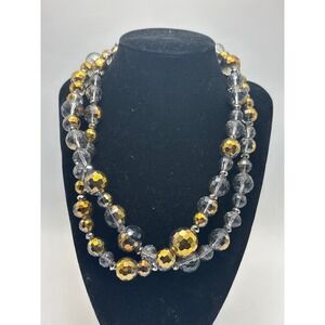 Vintage Sparkling Faceted Beaded Necklace Gold Gray Disco Crystal Toggle Clasp